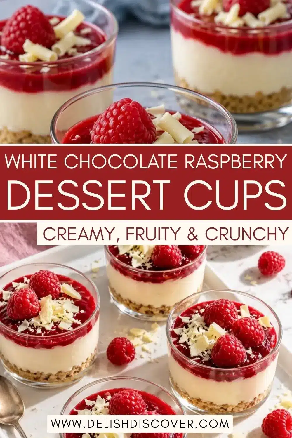 Individual glass parfait-style desserts arranged on a white tray, featuring golden cookie crumbs, smooth ivory filling, glossy red berry topping, fresh raspberries, and delicate white chocolate shavings.