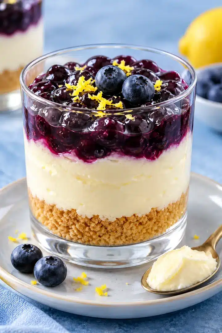 Intact glass with a creamy ivory middle, sandy crumb base and glossy blueberry topping beside a spoonful of filling