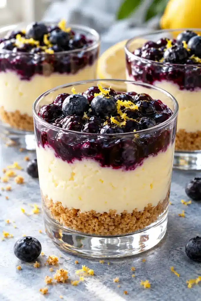 Lemon Blueberry Cheesecake Cups with Blueberry Sauce 3 Lemon Blueberry Cheesecake Cups with Blueberry Sauce