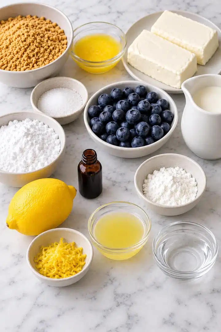 Graham crumbs, butter, cream cheese, cream, lemon, blueberries, sugars and cornstarch in plain bowls