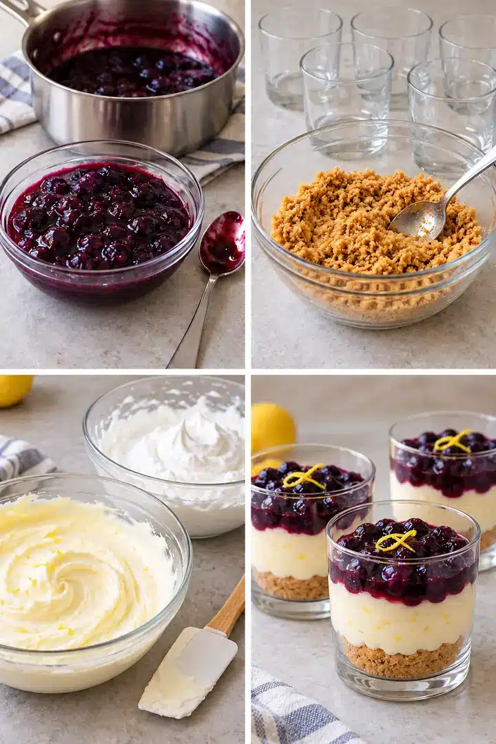 Four panels showing cooled blueberry sauce, buttered crumbs, smooth lemon cheese mixture beside whipped cream, and layered glasses