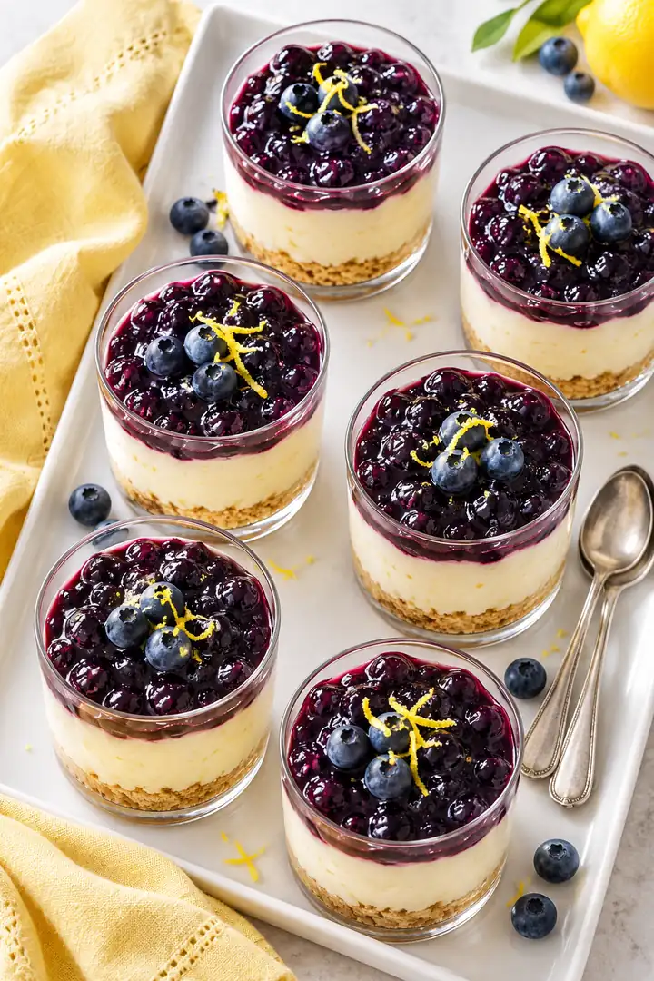 Six layered lemon and blueberry dessert glasses on a white tray with spoons and light zest garnish