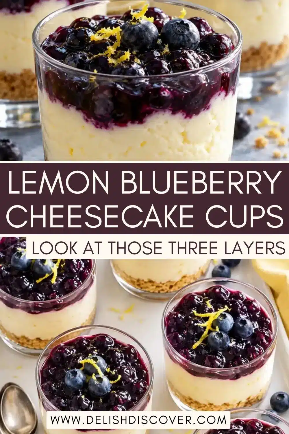 Close-up of a clear lemon blueberry cheesecake cup topped with thick glossy blueberry sauce, whole blueberries, and lemon zest, with several layered dessert glasses arranged below.