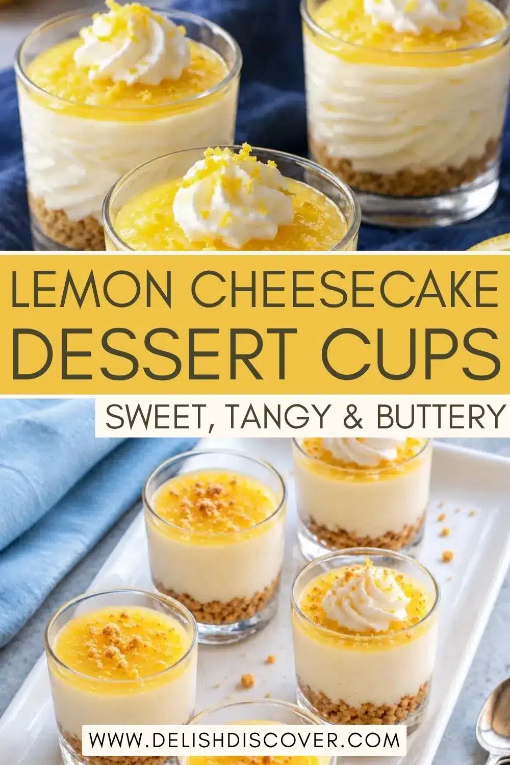 Clear mini dessert shooters on a white tray with three visible layers of golden cookie crumbs, creamy ivory filling, and bright yellow lemon topping, set against soft blue linens.