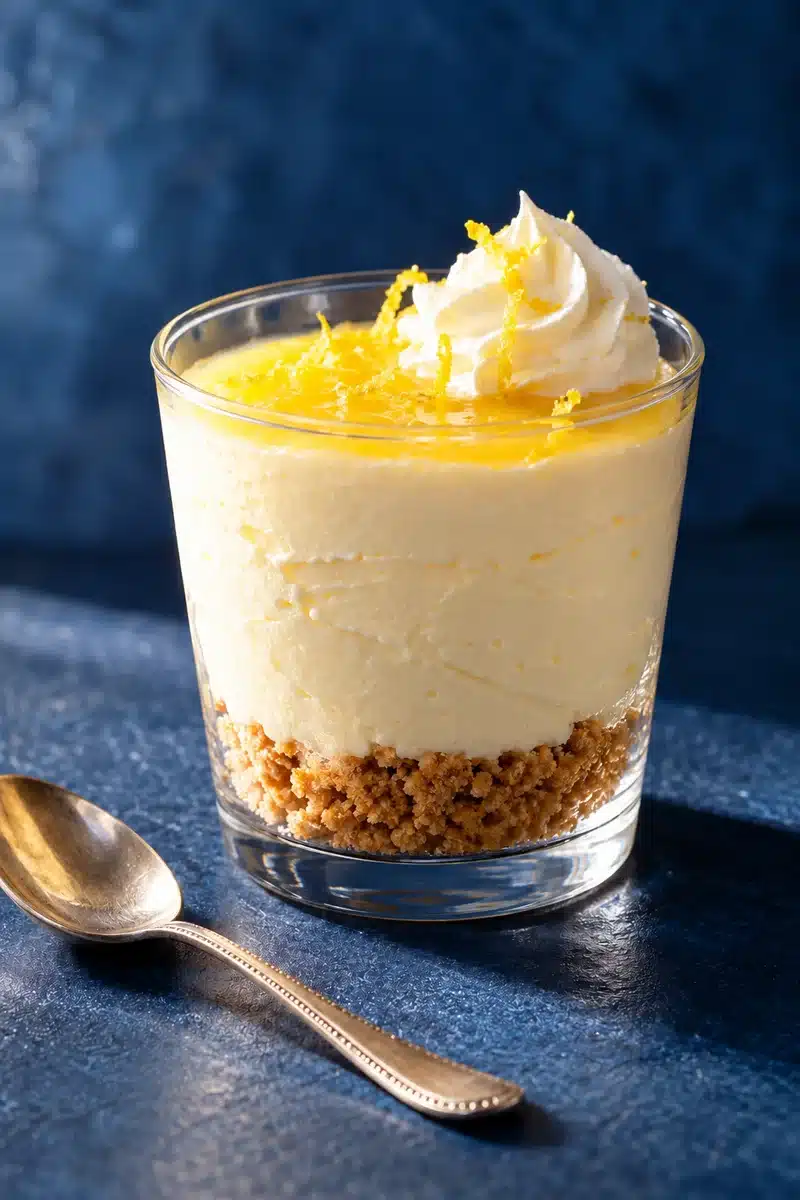 No-Bake Lemon Cheesecake Shooters 5 Thin yellow curd layer above ivory cheesecake and golden crumbs inside an intact small clear cup