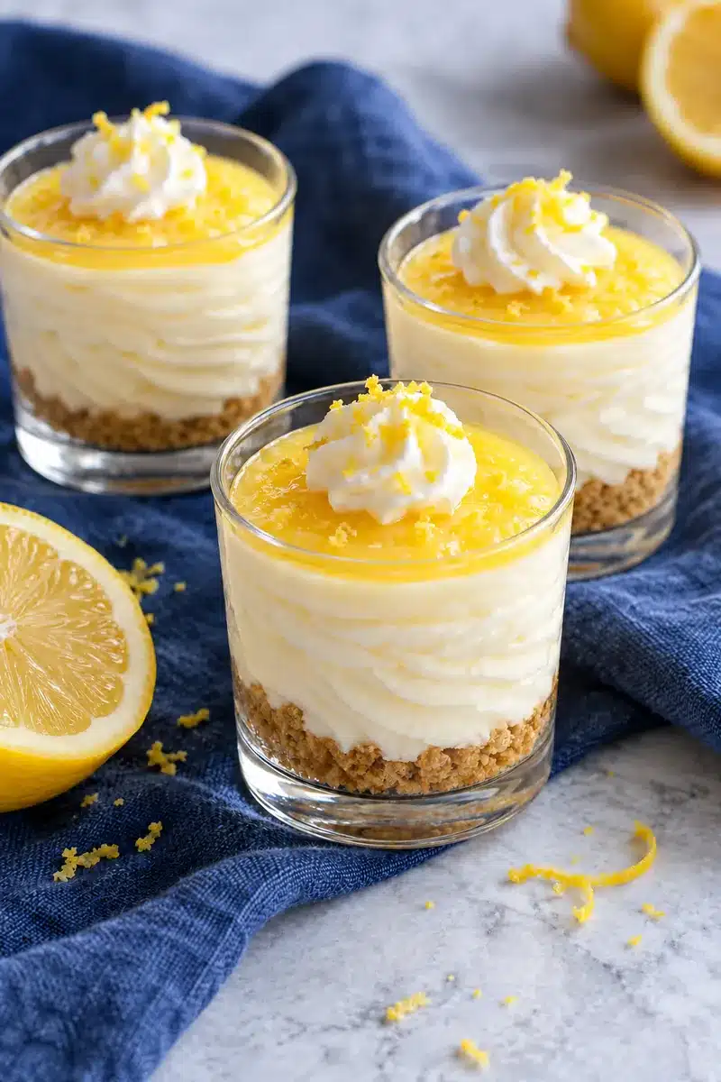 No-Bake Lemon Cheesecake Shooters 1 Lemon cheesecake shooters with golden graham crumbs, creamy filling and a thin yellow lemon curd topping