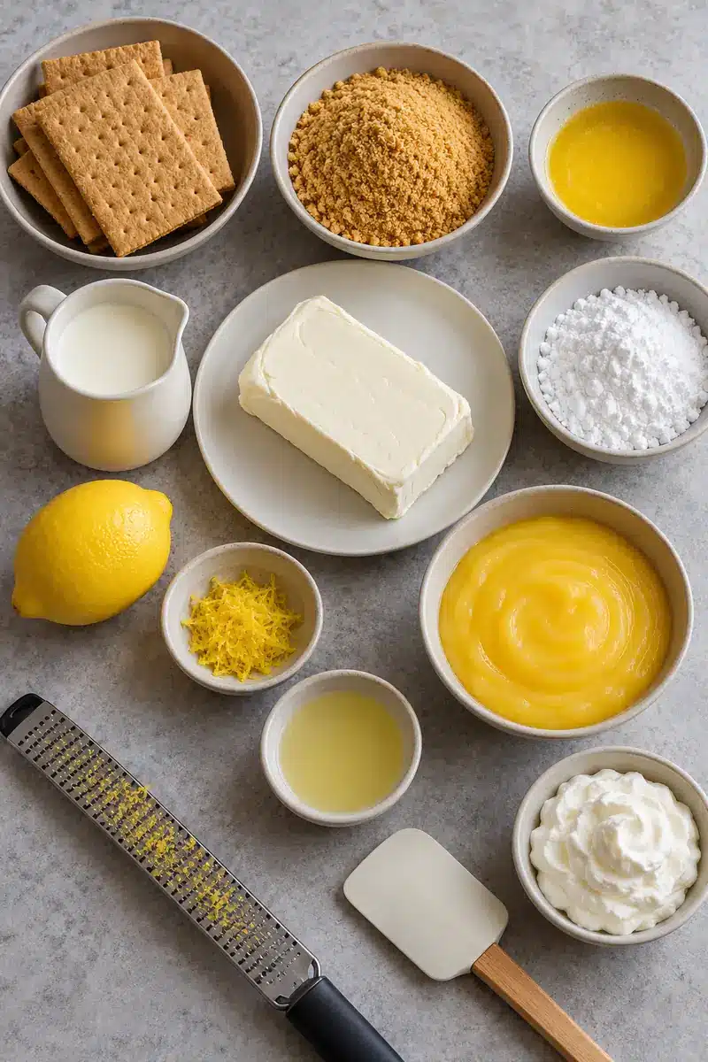 No-Bake Lemon Cheesecake Shooters 3 Graham crackers, butter, cream cheese, powdered sugar, cream, lemon zest, juice and thick curd in plain bowls