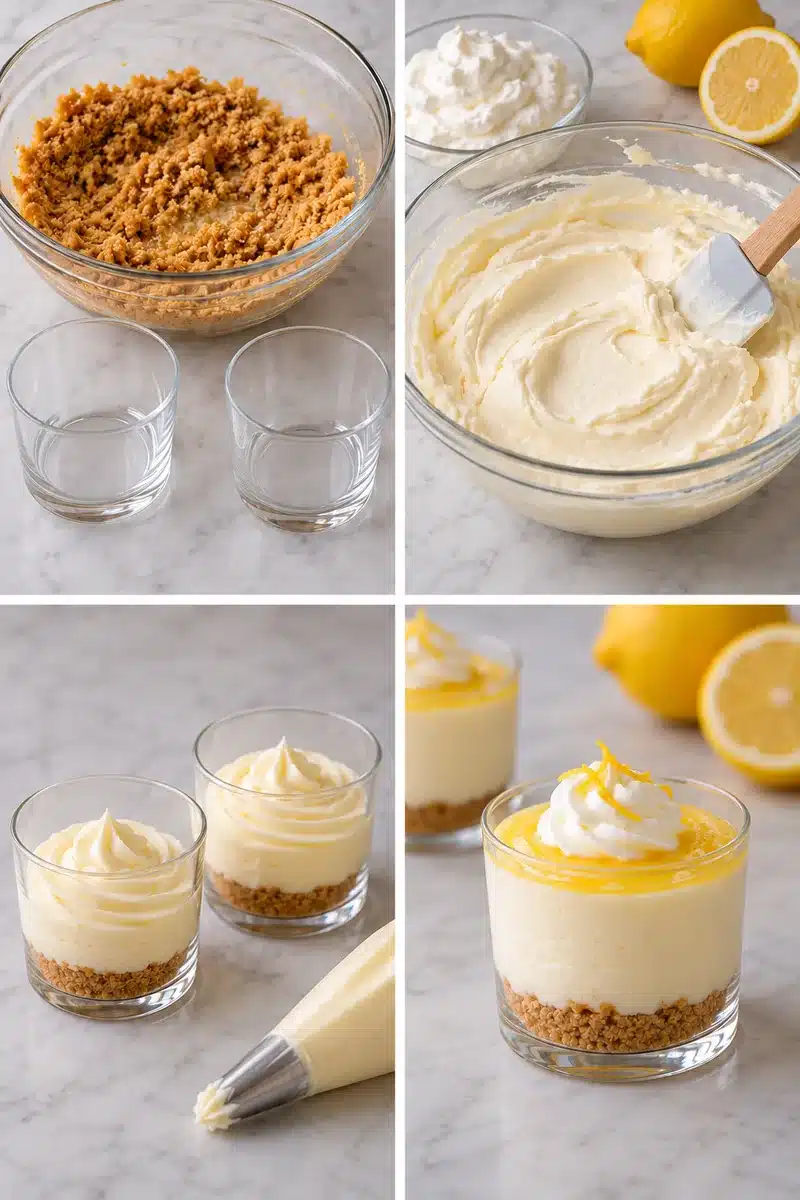 No-Bake Lemon Cheesecake Shooters 4 Four panels showing buttered crumbs, ridged lemon filling, piped cups and a chilled curd-topped dessert