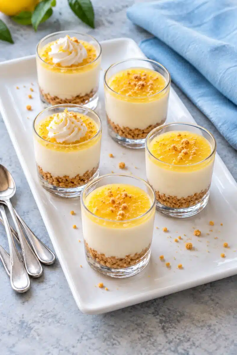 No-Bake Lemon Cheesecake Shooters 6 Five small lemon dessert cups on a white tray with narrow spoons and optional cream swirls