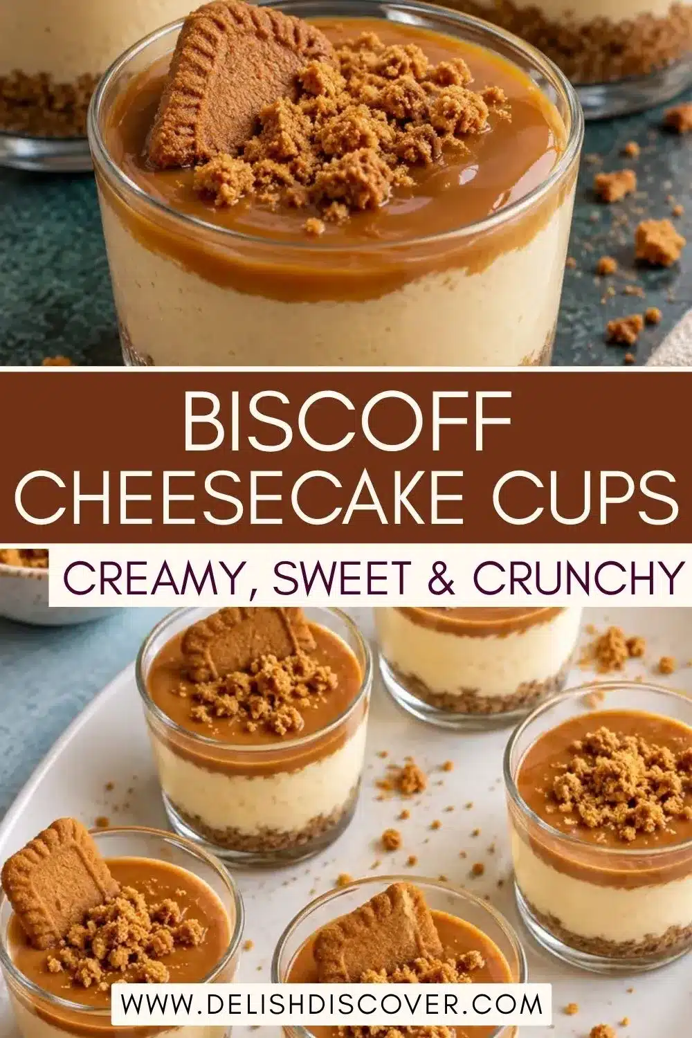 Close-up of a glass cheesecake cup topped with caramel-colored spread and crushed biscuits, above a platter of individual creamy cookie butter desserts.