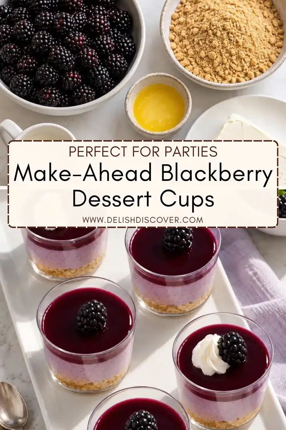 Individual blackberry cheesecake dessert cups arranged on a white serving tray, showing purple cheesecake layers, blackberry topping, fresh berries, and optional whipped cream.