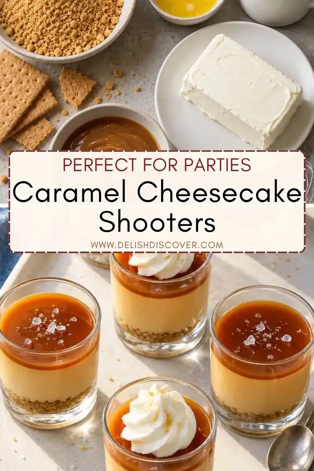 Overhead ingredient arrangement with cream cheese, crushed graham crackers, butter, and caramel sauce above a white serving tray holding several individual layered desserts topped with amber caramel and small cream swirls.
