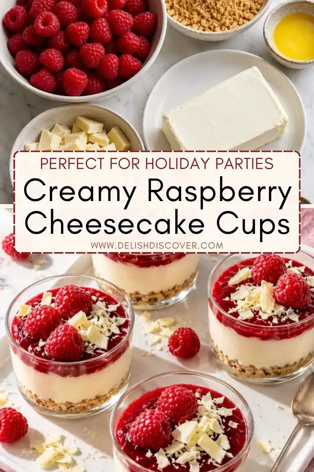 A festive serving arrangement of small glass cheesecake desserts topped with red raspberry sauce, fresh berries, and white chocolate curls, with bowls of raspberries, cream cheese, and cookie crumbs pictured above.
