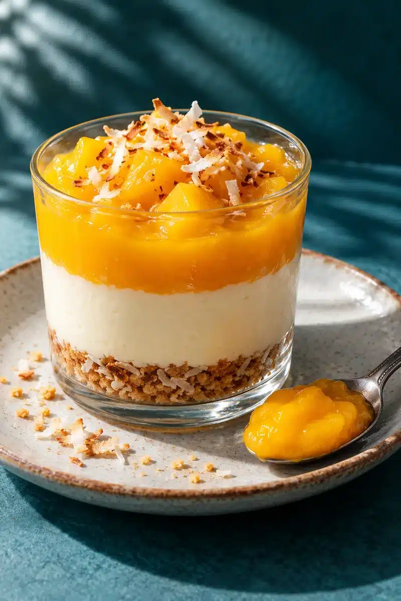 No-Bake Mango Coconut Cheesecake Cups 5 Thick mango puree on a resting spoon beside an intact glass of ivory cheesecake and coconut crumbs