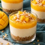 No-Bake Mango Coconut Cheesecake Cups 10 Mango coconut cheesecake cups with coconut crumbs, smooth ivory filling and golden mango topping