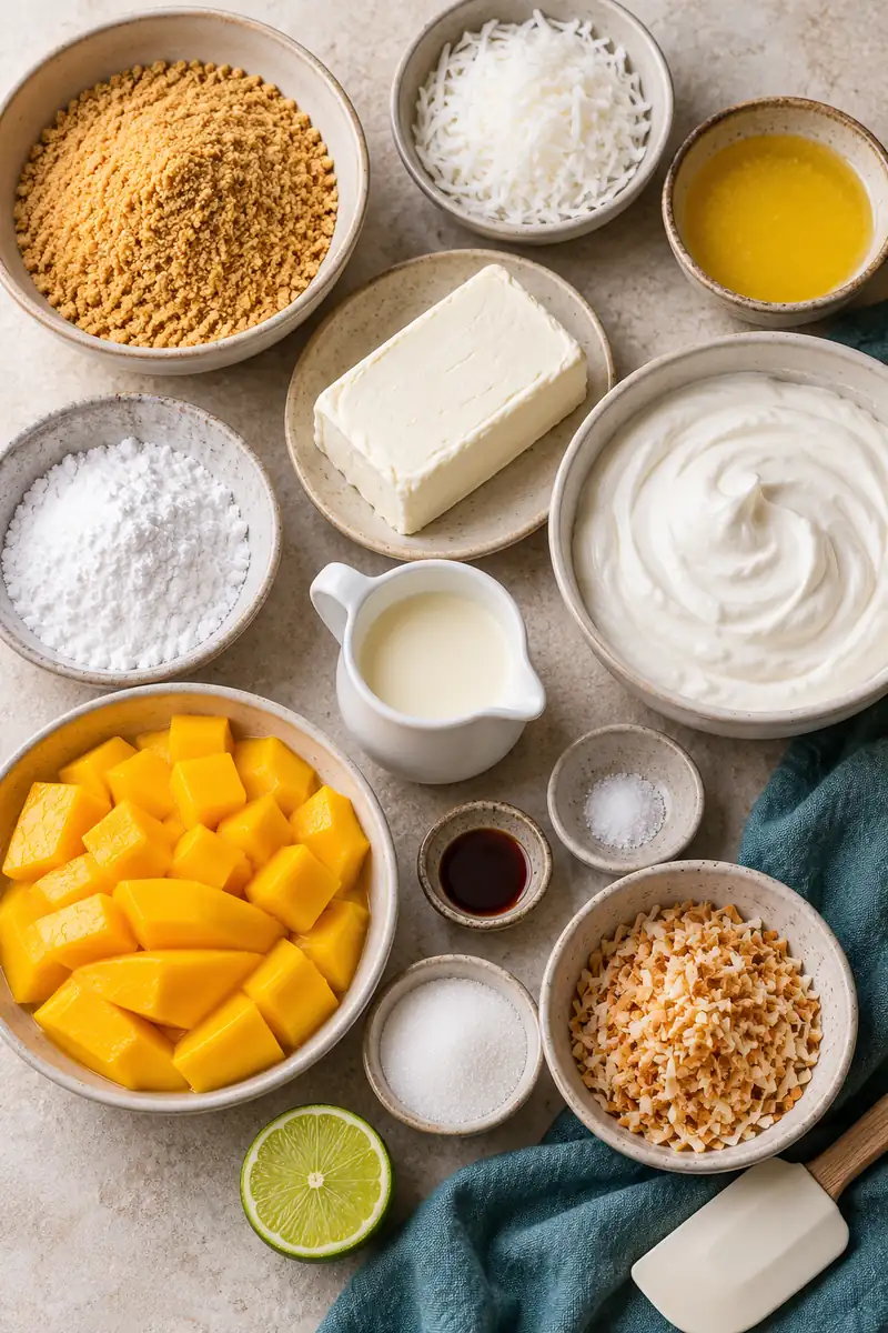 No-Bake Mango Coconut Cheesecake Cups 3 Graham crumbs, shredded coconut, cream cheese, coconut cream, whipping cream and mango in plain dishes