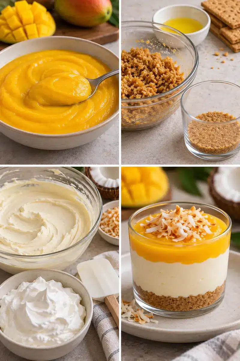 No-Bake Mango Coconut Cheesecake Cups 4 Four panels showing thick mango puree on a spoon, coconut crumbs, creamy filling and a finished layered cup