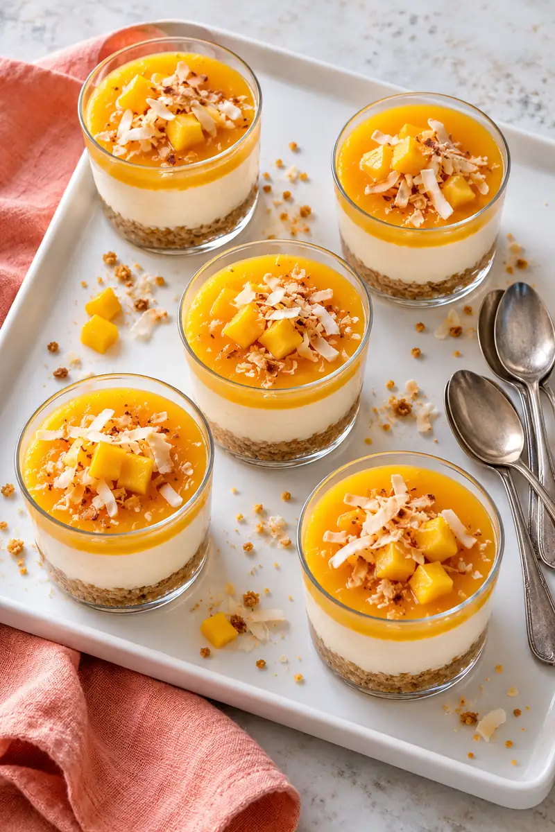 No-Bake Mango Coconut Cheesecake Cups 6 Five small tropical dessert cups on a tray with toasted coconut, diced mango and dessert spoons