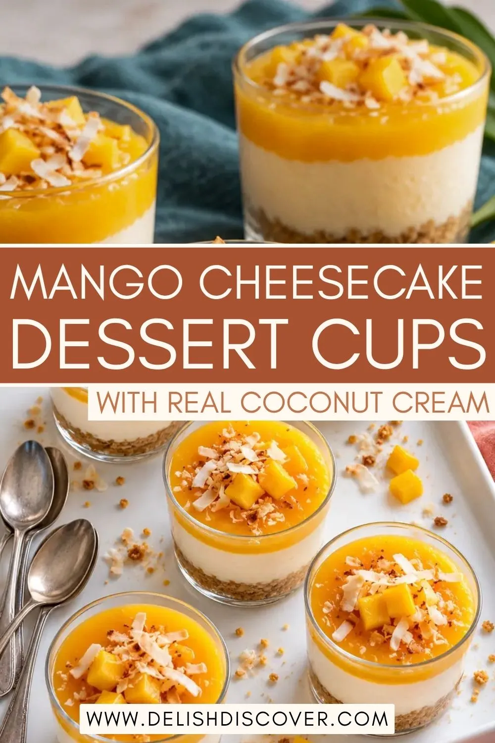 Clear glasses displaying three distinct layers of golden biscuit crumbs, pale whipped coconut filling, and glossy mango topping garnished with fresh fruit cubes and lightly browned coconut shavings.