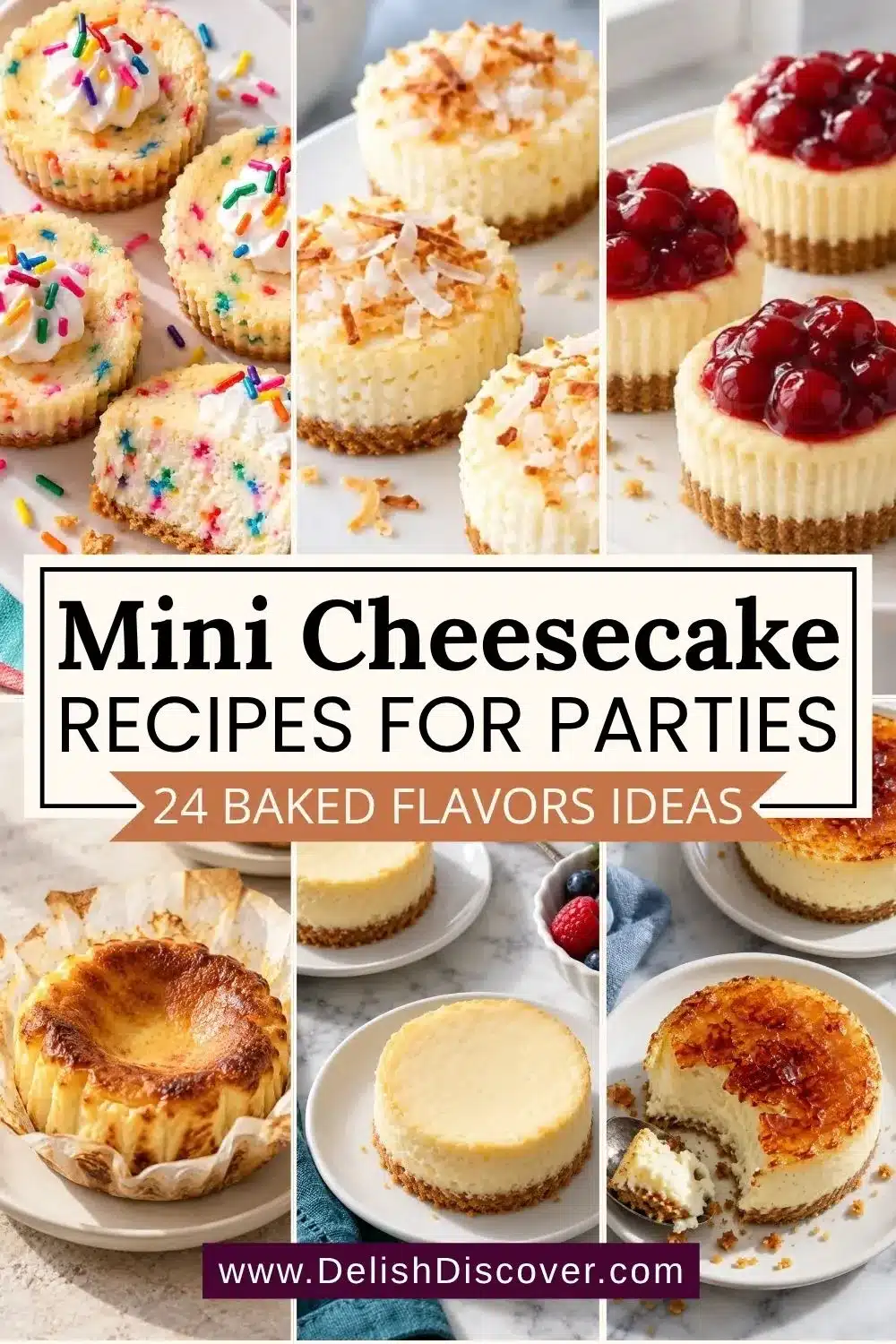 Party-style collage showing colorful confetti, coconut, cherry, Basque, New York, and caramelized crème brûlée mini cheesecakes.