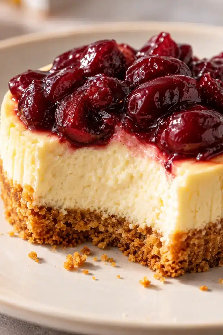 Baked Mini Cherry Cheesecakes with Homemade Cherry Topping 5 Close cut cheesecake showing a creamy vanilla center, compact graham base, and glossy cherry pieces