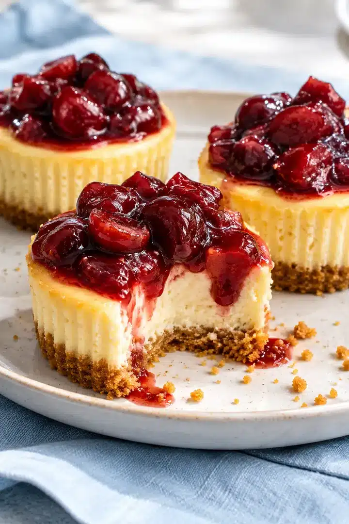 Baked Mini Cherry Cheesecakes with Homemade Cherry Topping 1 mini cherry cheesecakes with baked vanilla centers and glossy homemade cherry topping