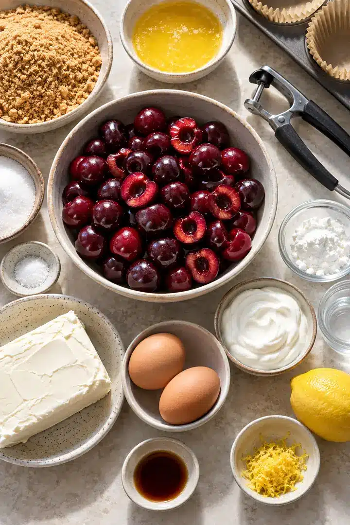 Baked Mini Cherry Cheesecakes with Homemade Cherry Topping 3 Pitted sweet cherries, graham crumbs, cream cheese, eggs, sour cream, butter, sugar, lemon, and cornstarch