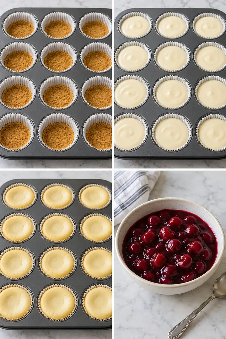 Baked Mini Cherry Cheesecakes with Homemade Cherry Topping 4 Four chronological panels showing pressed graham crusts, portioned filling, baked cheesecakes, and cooled chunky cherry topping