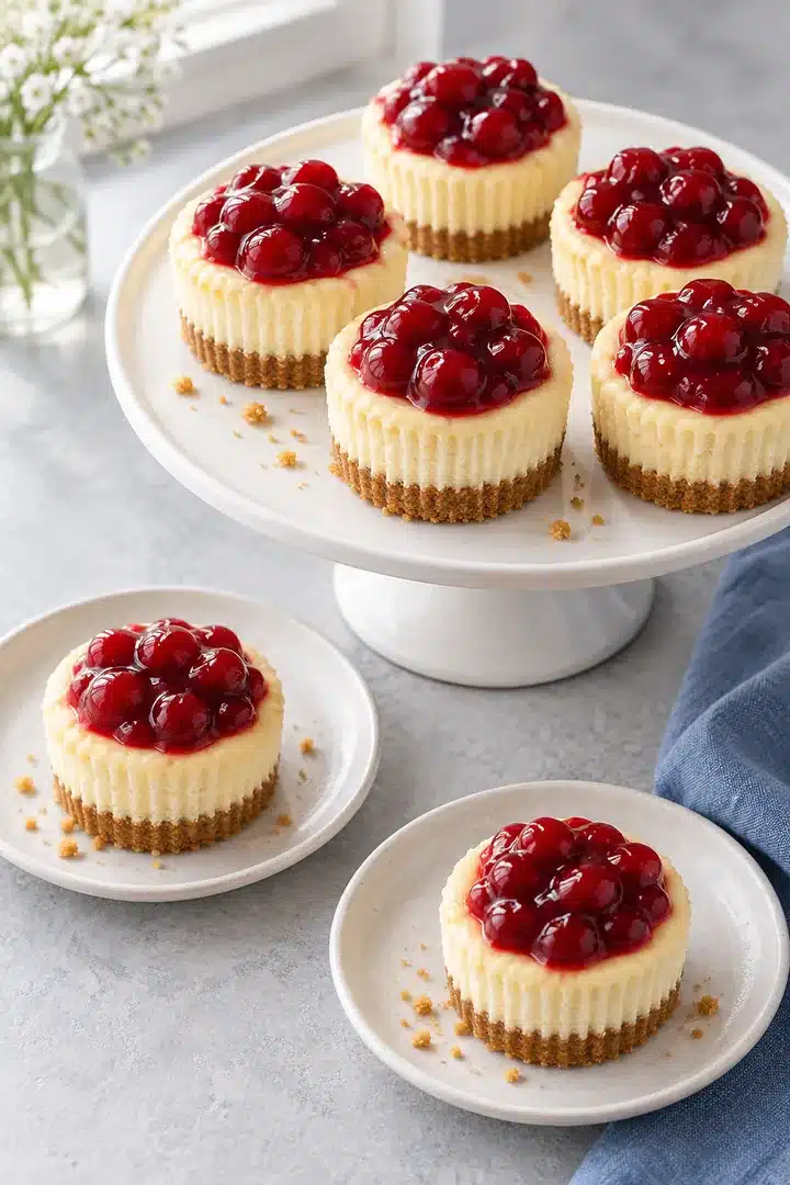 Baked Mini Cherry Cheesecakes with Homemade Cherry Topping 6 Several chilled cherry-topped mini cheesecakes arranged on a simple dessert platter
