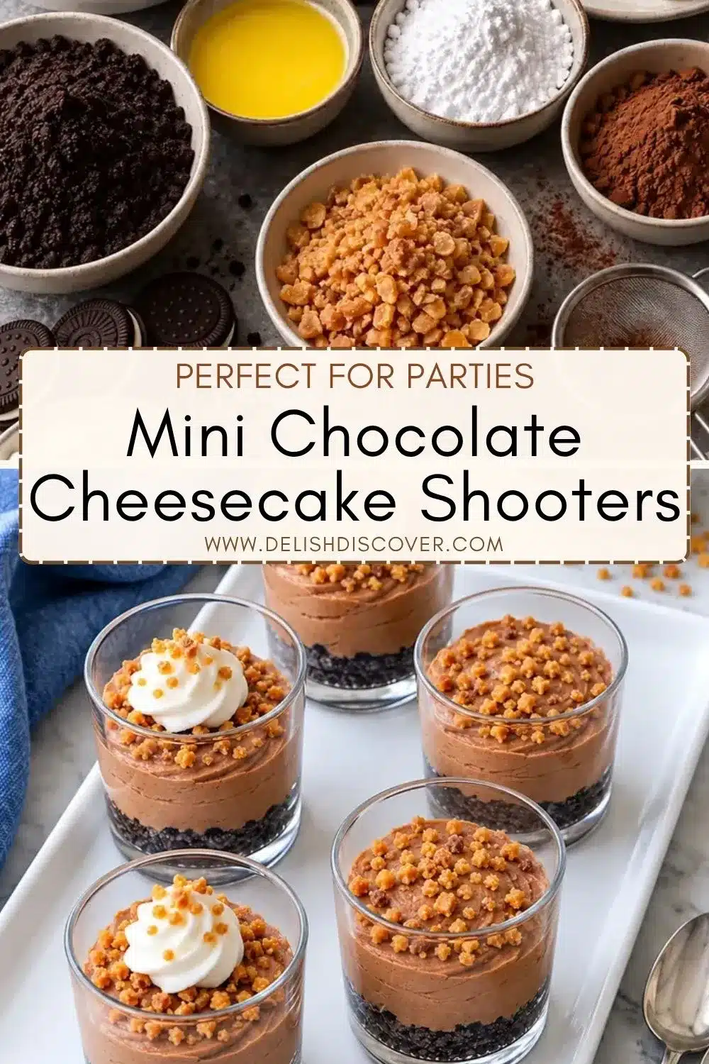 A tray of individual chocolate cheesecake shooters topped with golden toffee bits, some with whipped cream, beneath a flat lay of dessert ingredients.
