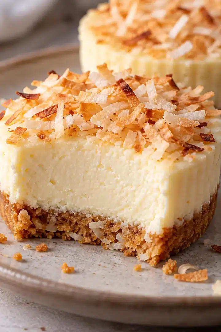 Baked Mini Coconut Cheesecakes with Toasted Coconut 5 Cut baked mini cheesecake showing creamy coconut filling, compact wafer crust and toasted flakes