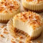 Mini coconut cheesecakes with golden toasted coconut and creamy cut centers on a serving plate