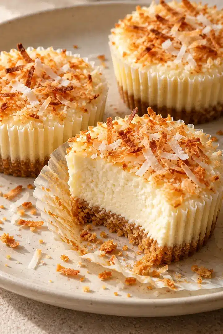 Baked Mini Coconut Cheesecakes with Toasted Coconut 1 Mini coconut cheesecakes with golden toasted coconut and creamy cut centers on a serving plate