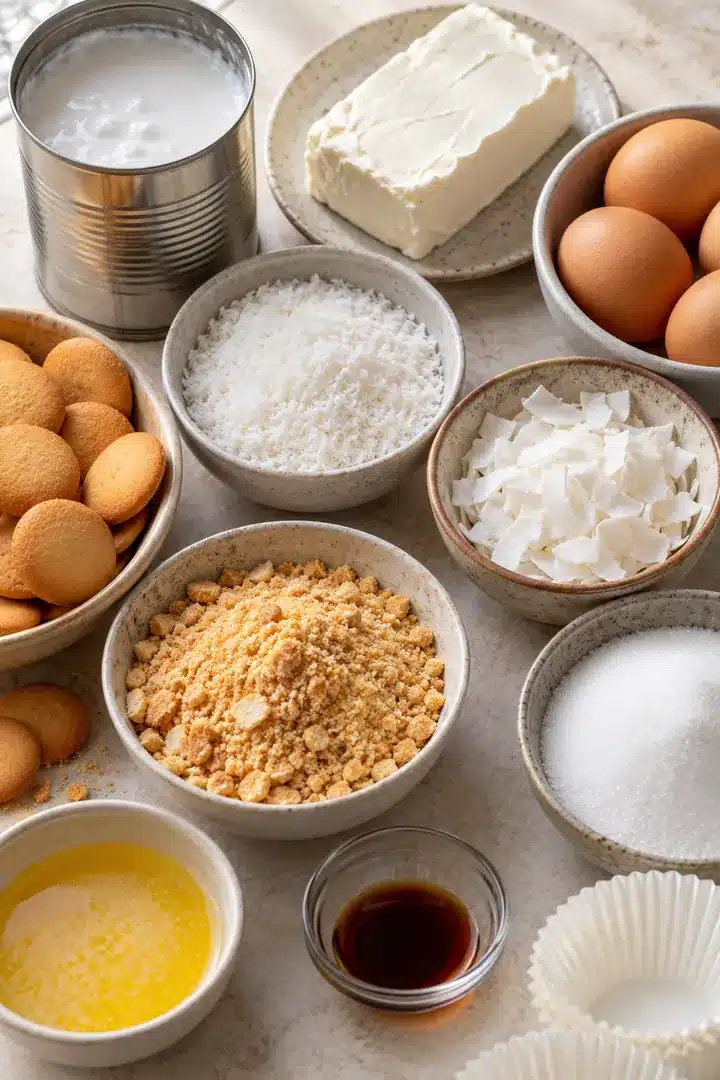 Baked Mini Coconut Cheesecakes with Toasted Coconut 3 Vanilla wafer crumbs, coconut, block cream cheese, canned coconut milk, eggs and butter on a counter