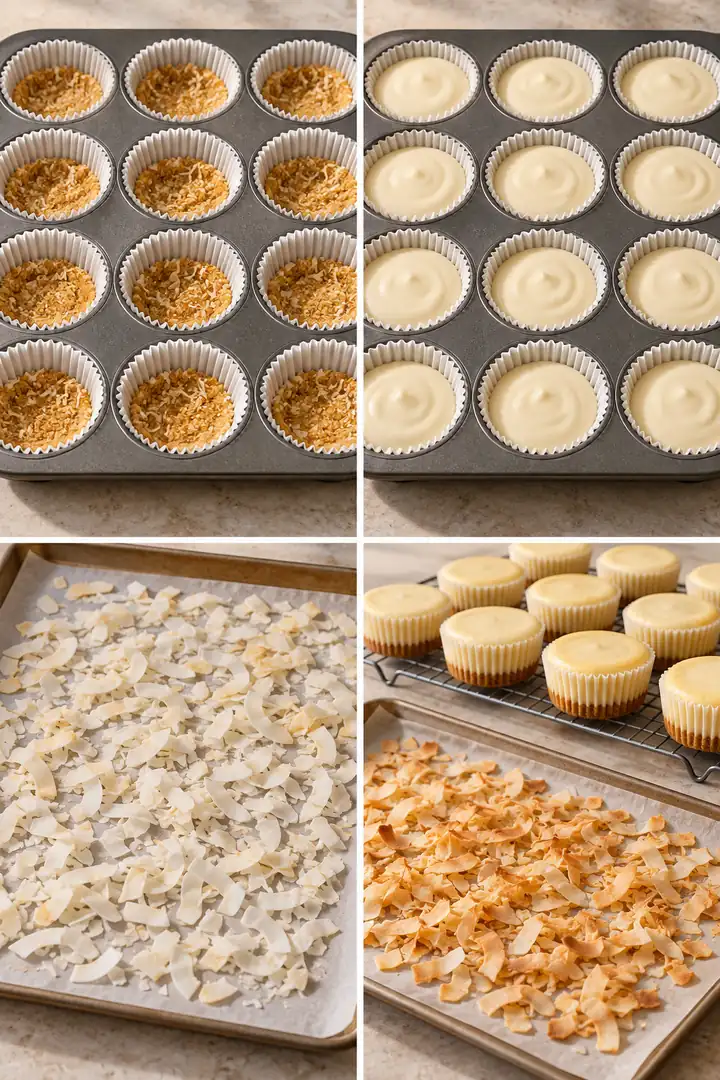 Baked Mini Coconut Cheesecakes with Toasted Coconut 4 Four panels of pressed coconut cookie crusts, filled muffin liners, pale coconut flakes and golden toasted coconut
