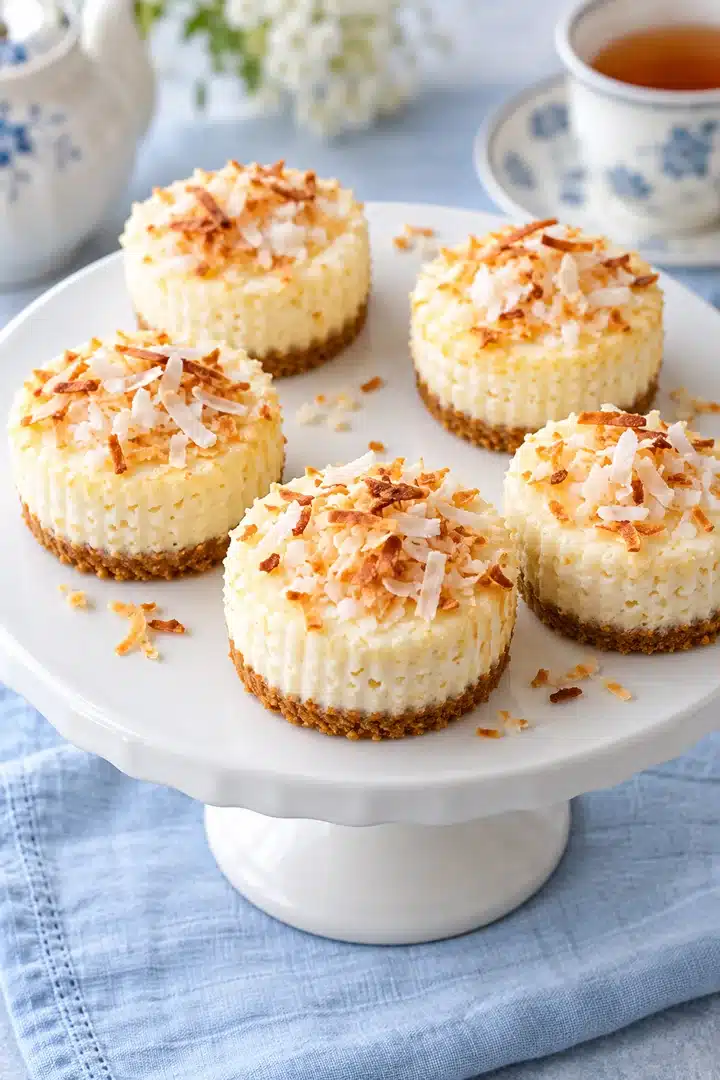 Baked Mini Coconut Cheesecakes with Toasted Coconut 6 Individual baked coconut cheesecakes with toasted flakes on a simple dessert tray
