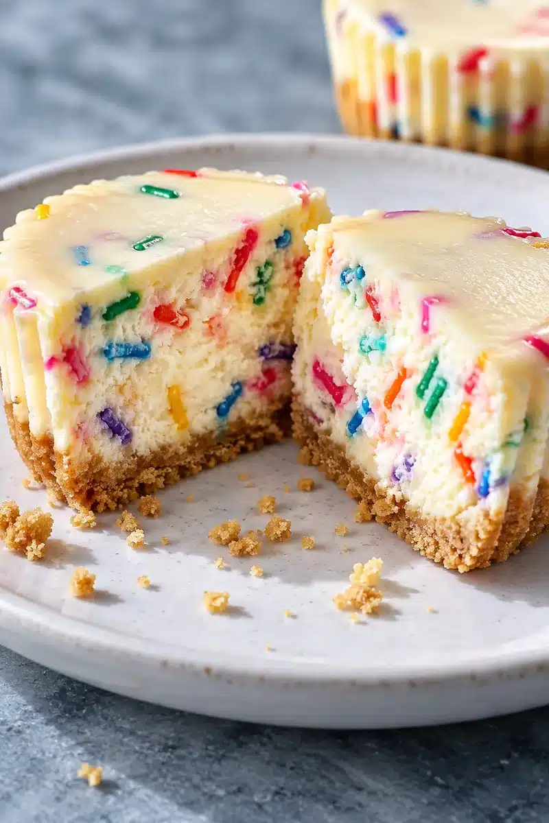Cut cheesecake showing distinct rainbow confetti in a creamy vanilla center above a thin cookie crust
