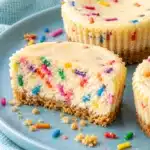 Mini confetti cheesecakes with rainbow sprinkles inside, one cut open