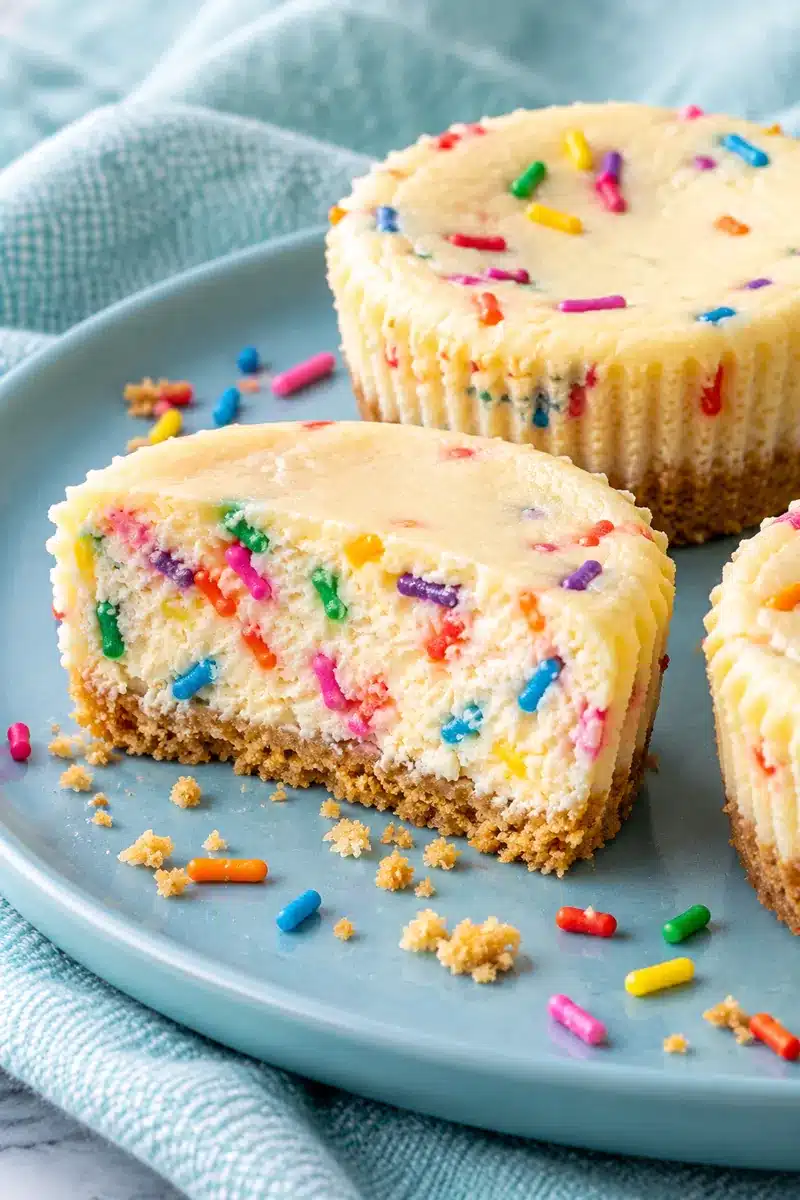 Mini confetti cheesecakes with rainbow sprinkles inside, one cut open
