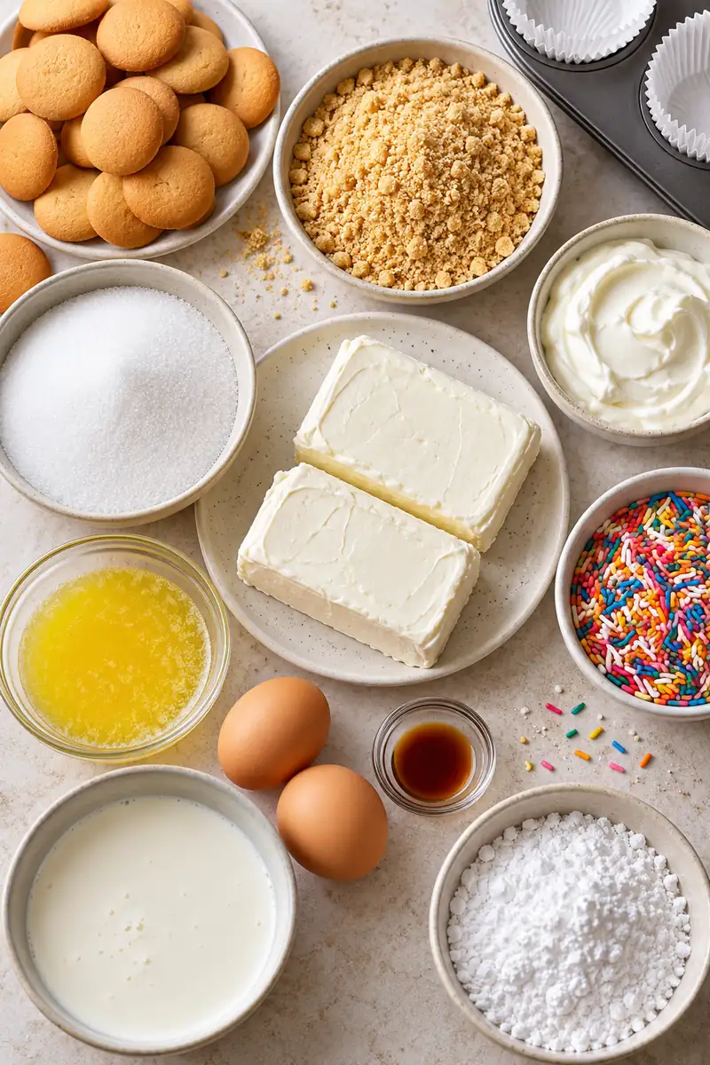 Cream cheese, two eggs, sour cream, vanilla wafers, butter, sugar, vanilla, salt, rainbow jimmies, cream, and liners