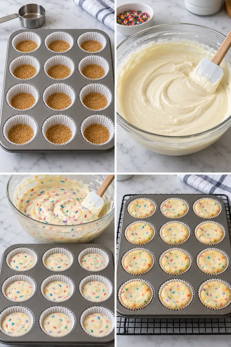 Four panels showing pressed vanilla-wafer crusts, smooth batter before sprinkles, gently folded confetti batter, and pale baked cheesecakes
