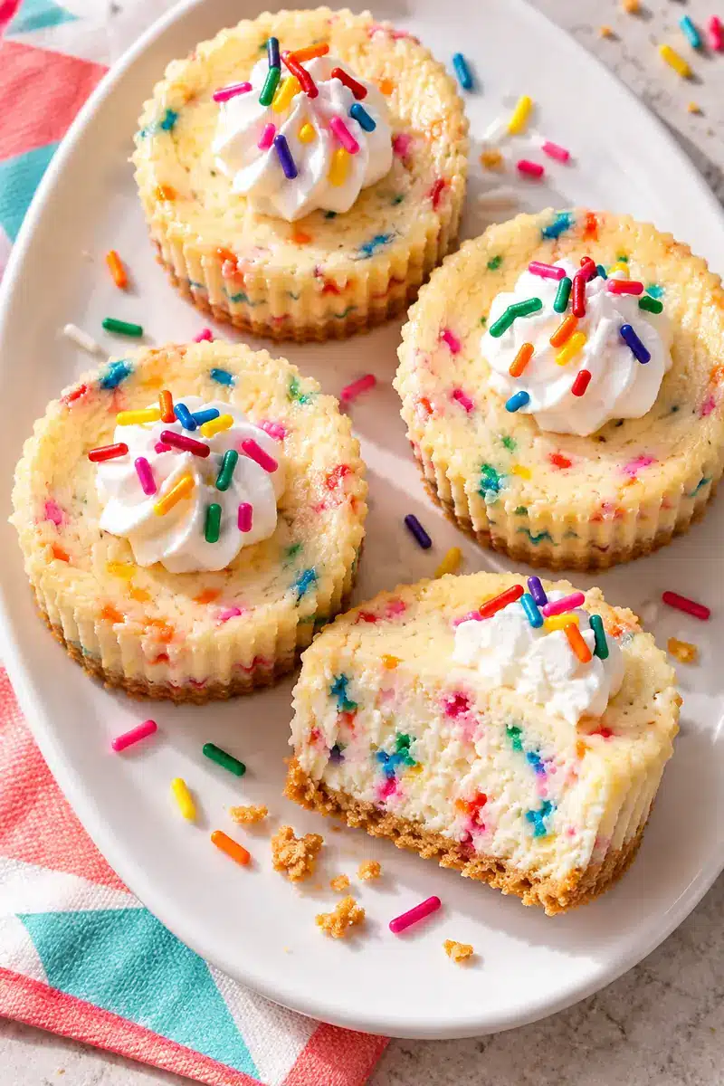 Four mini birthday cheesecakes with small whipped cream dollops and fresh rainbow sprinkles