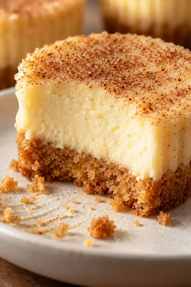Cut mini cheesecake showing a compact cinnamon-cookie crumb base and creamy vanilla filling