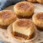 mini snickerdoodle cheesecakes with cinnamon cookie crusts and lightly speckled tops