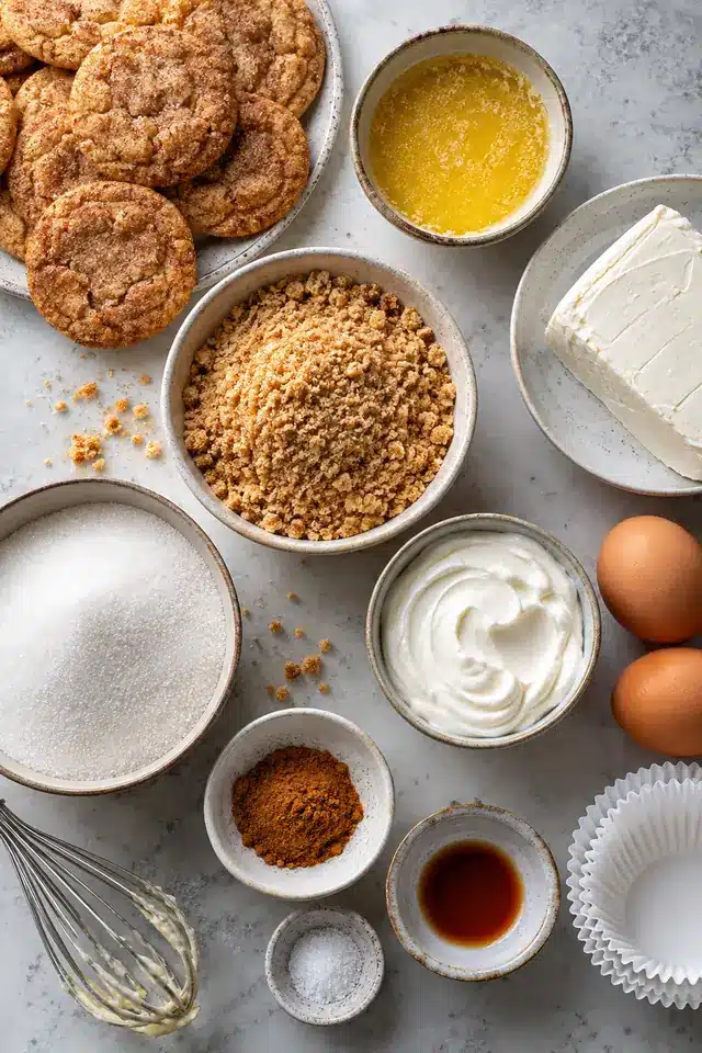 Crisp snickerdoodle cookies, cream cheese, sour cream, eggs, vanilla, butter, sugar, and cinnamon