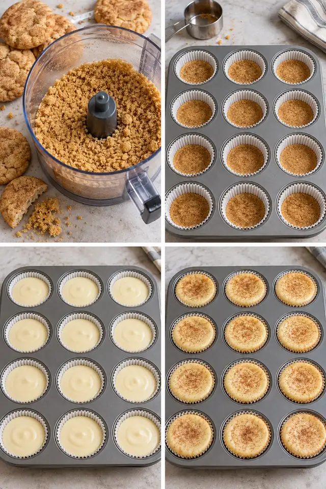 Four chronological panels showing cookie crumbs, pressed crusts, filled muffin cups, and baked cinnamon-sugar cheesecakes