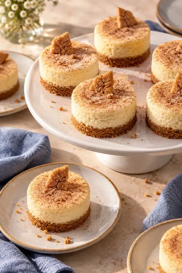 Individual snickerdoodle cheesecakes arranged on a cake stand with small crisp cookie garnishes