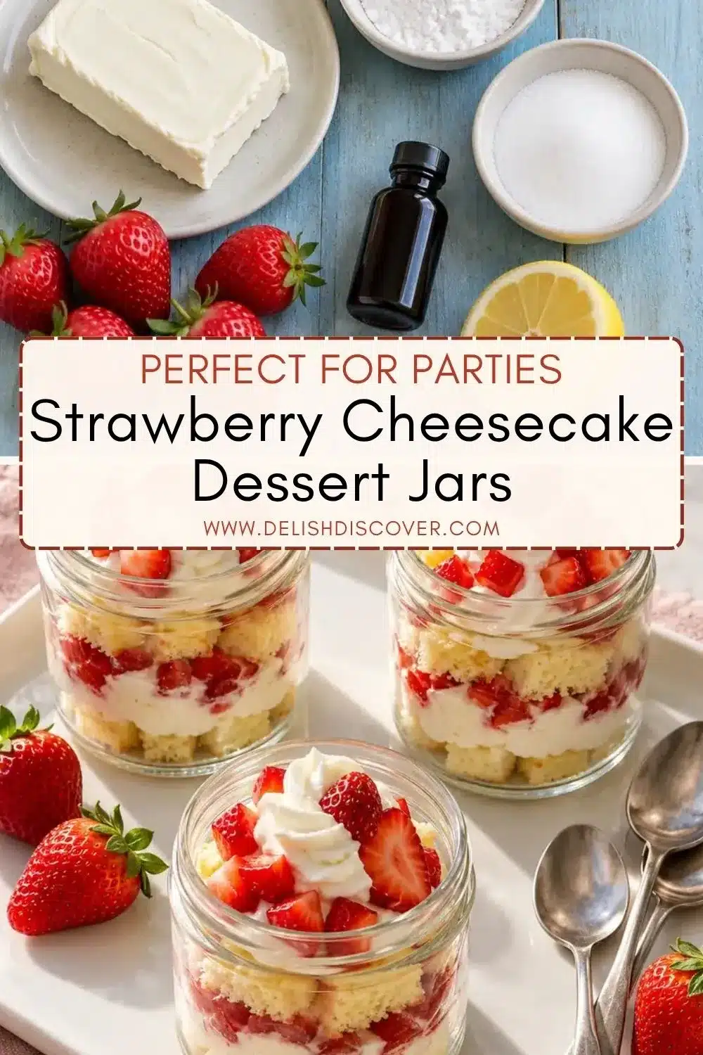 An ingredient flat lay with fresh strawberries, cream cheese, sugar, vanilla, and lemon above three clear jars displaying alternating layers of golden sponge-like pound cake cubes, white cheesecake cream, and red berries.