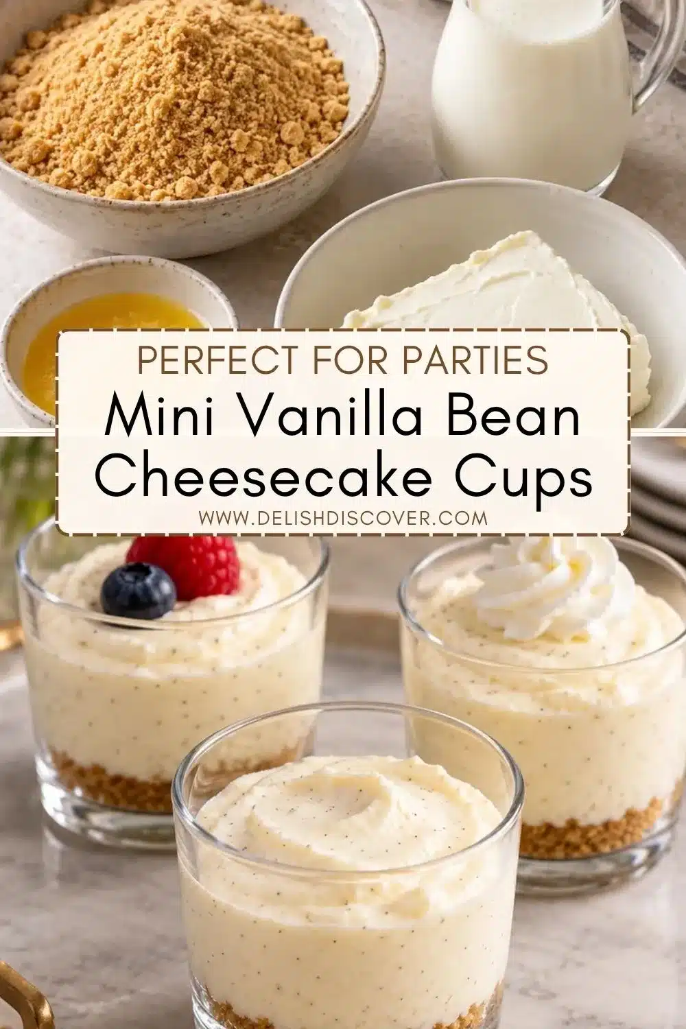 Overhead arrangement of graham cracker crumbs, melted butter, cream cheese, and heavy cream above three small glass cheesecake servings, one plain and two decorated with berries or whipped cream.