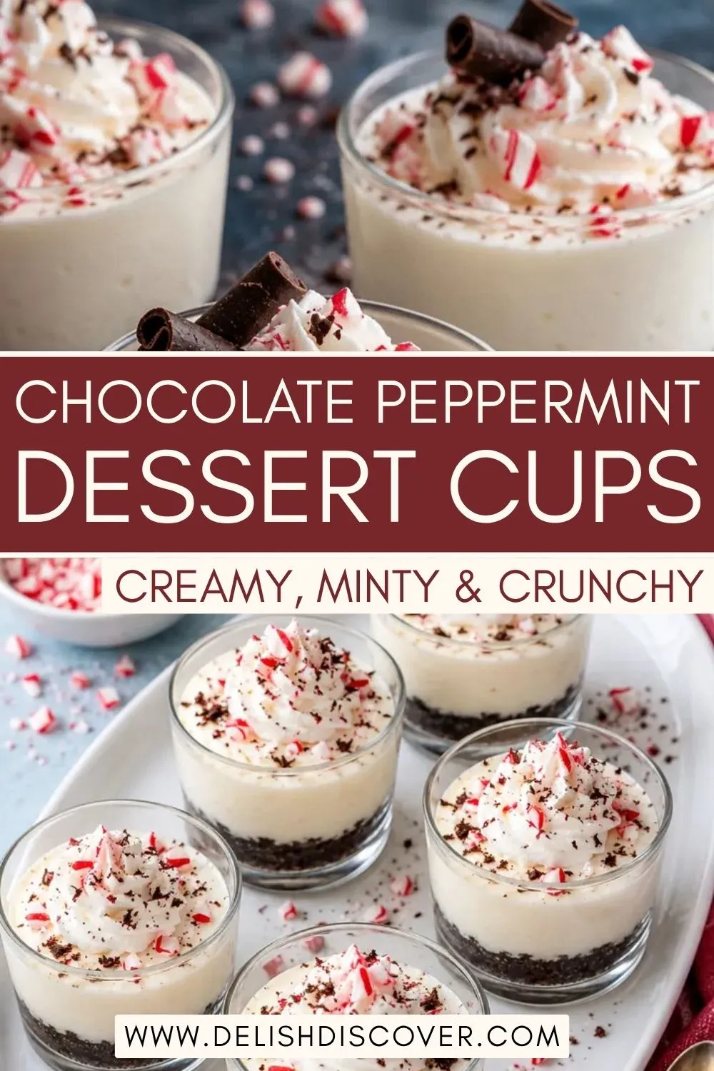 Several individual glass cups arranged on a white platter, displaying dark biscuit crumb bases, thick ivory cream cheese layers, and fluffy toppings decorated with peppermint candy pieces and chocolate curls.